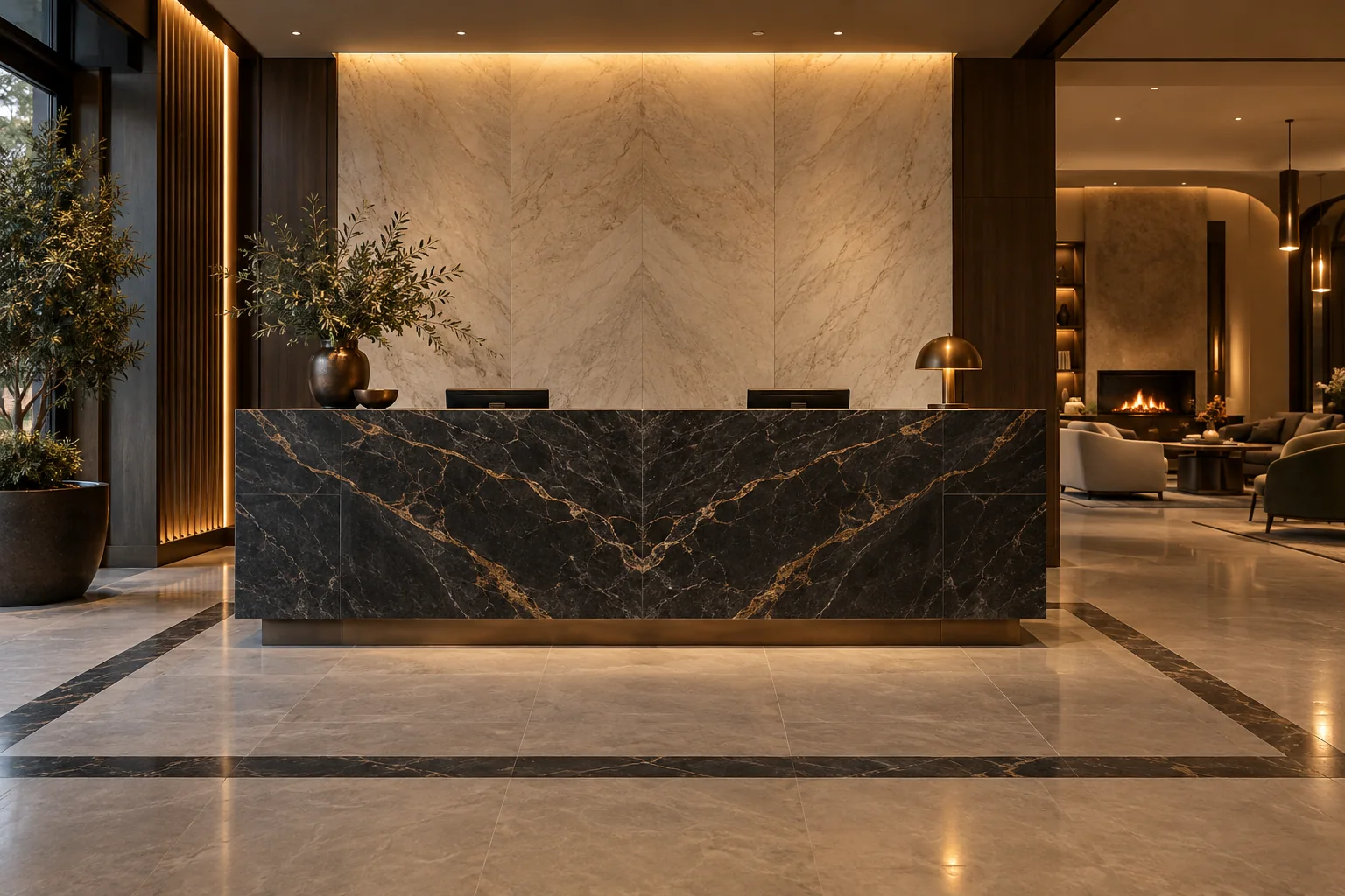 Boutique hotel reception with bookmatched stone desk feature wall and floor borders
