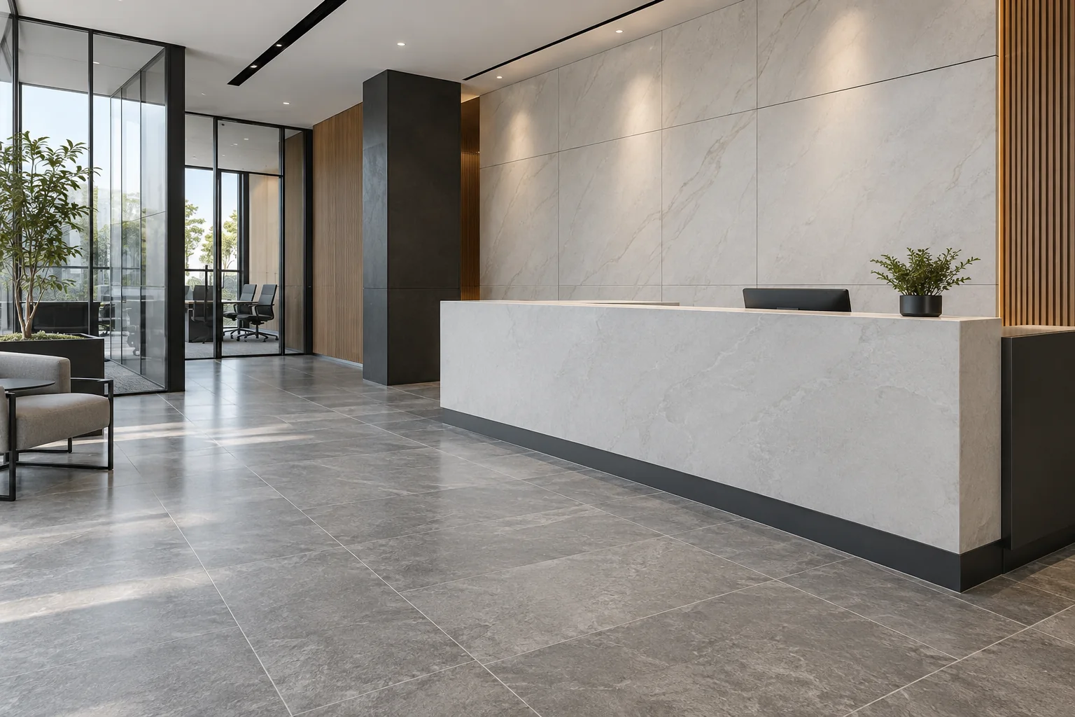 Illustrative office reception with a durable stone counter and coordinated waiting area