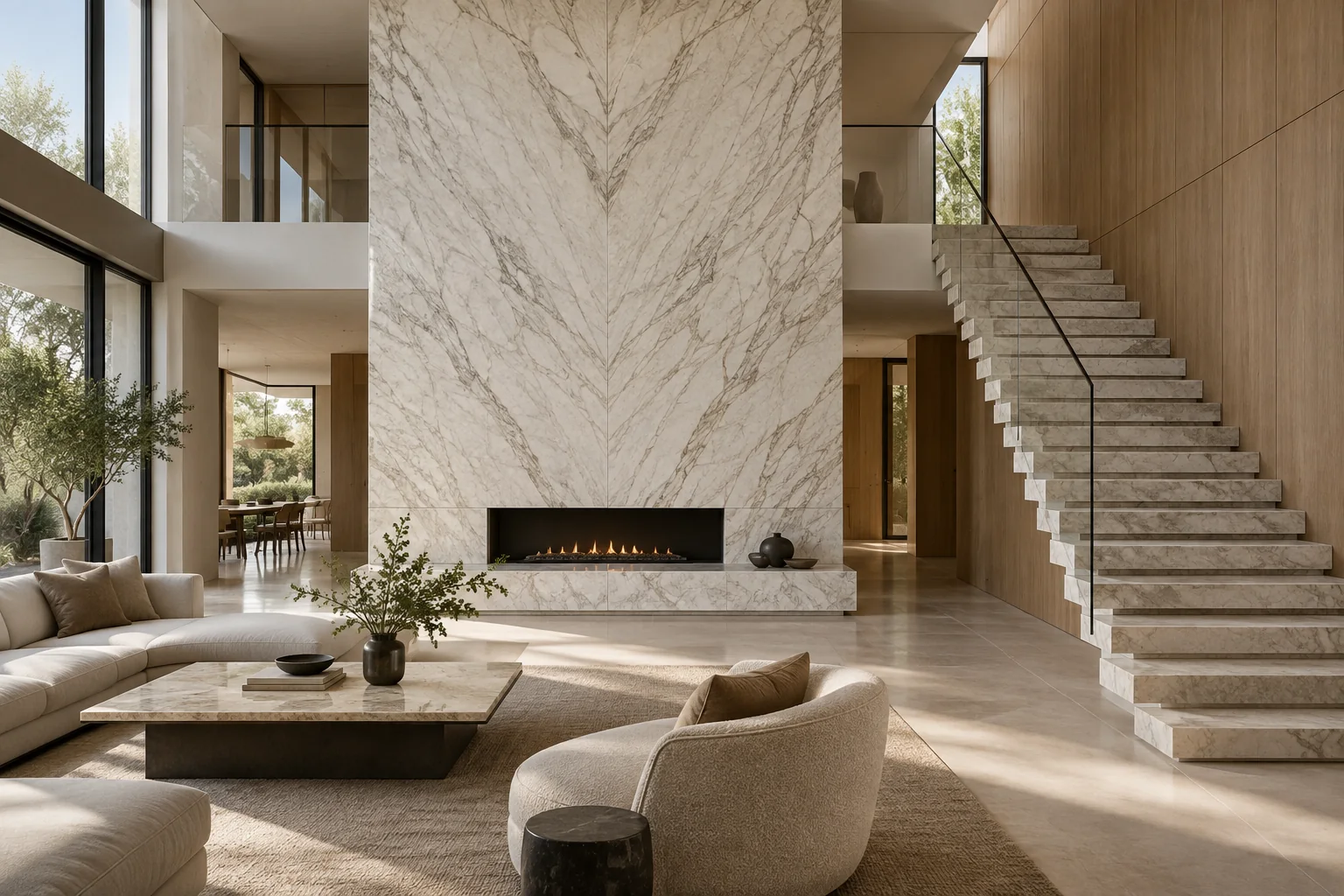 Luxury villa living hall with bookmatched stone feature wall staircase and hearth