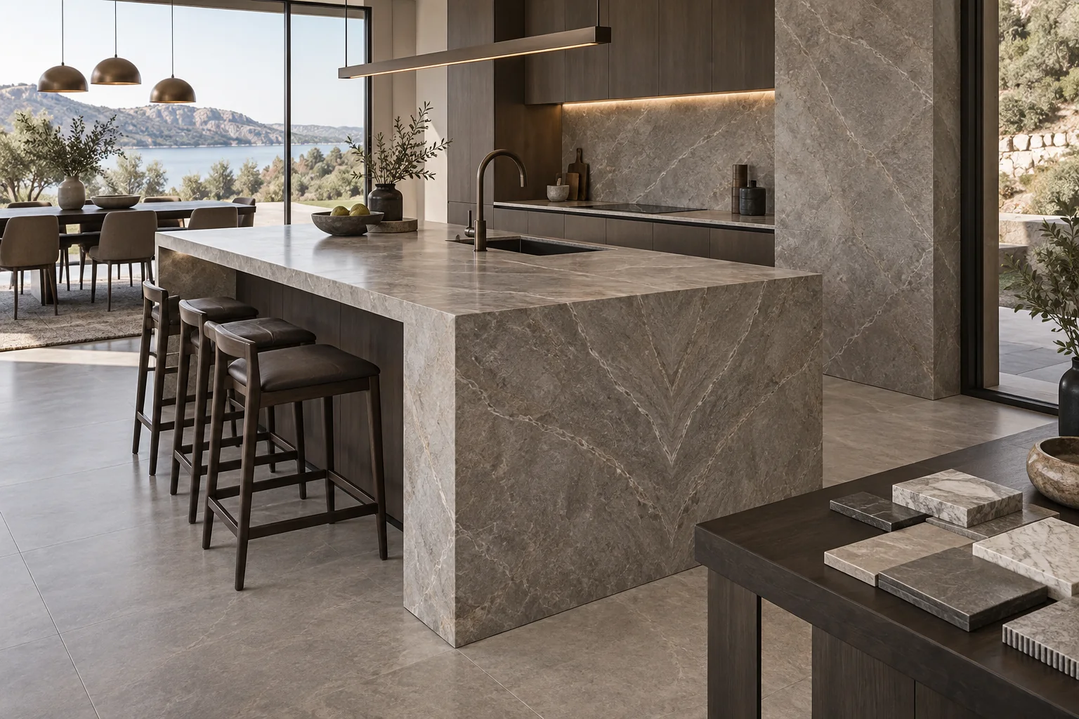 Villa kitchen with a large-format sintered stone waterfall island and wall cladding