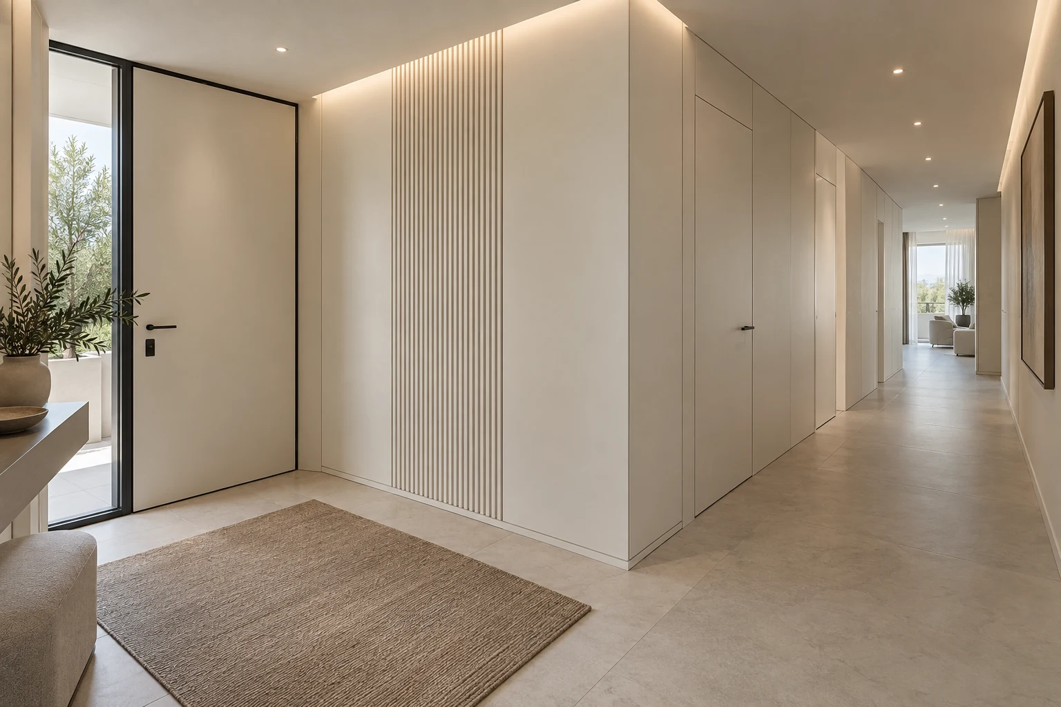 Light lacquered wall panels with a fluted feature bay