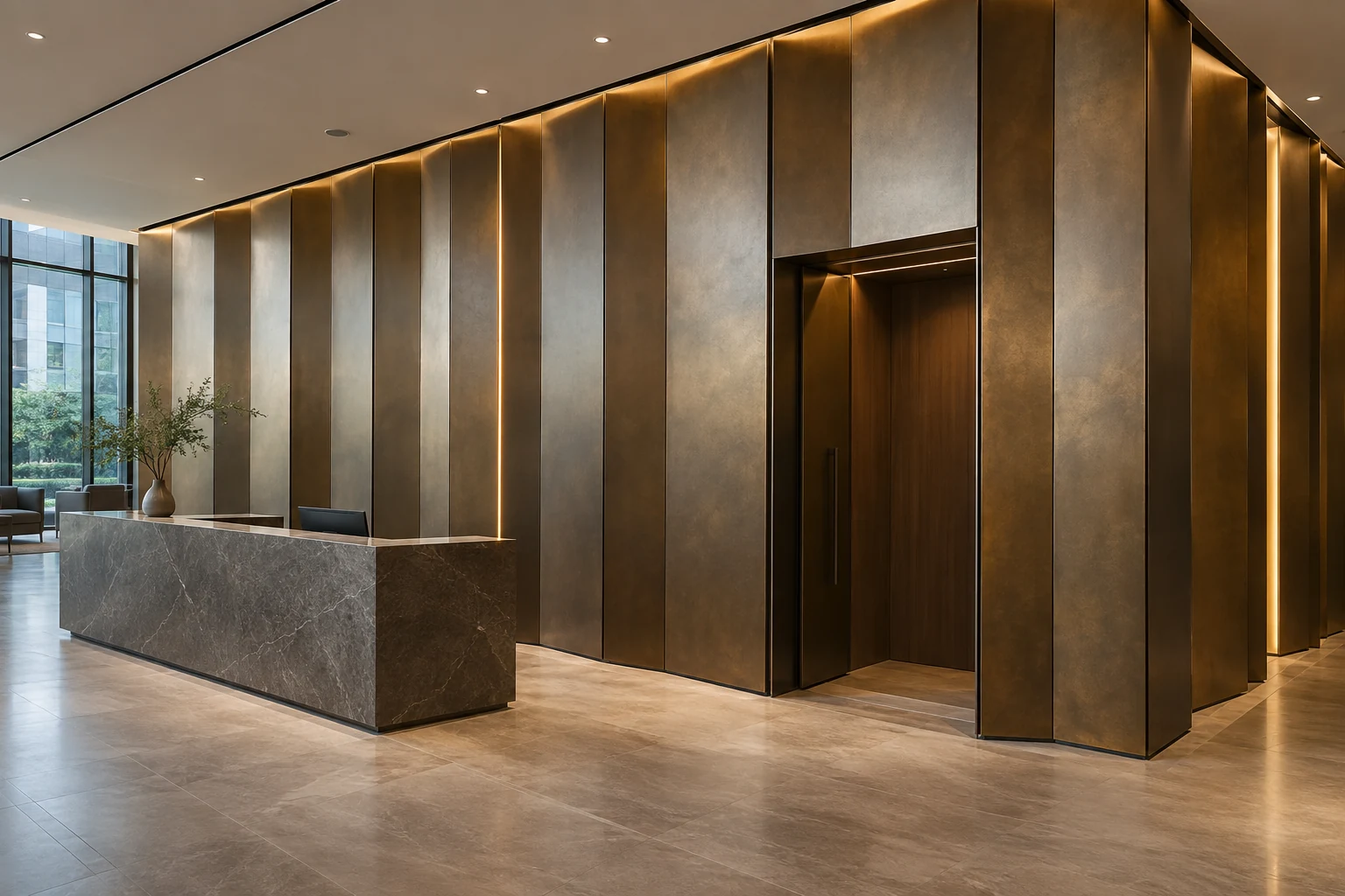 Bronze-toned metal feature wall panels in a hotel reception