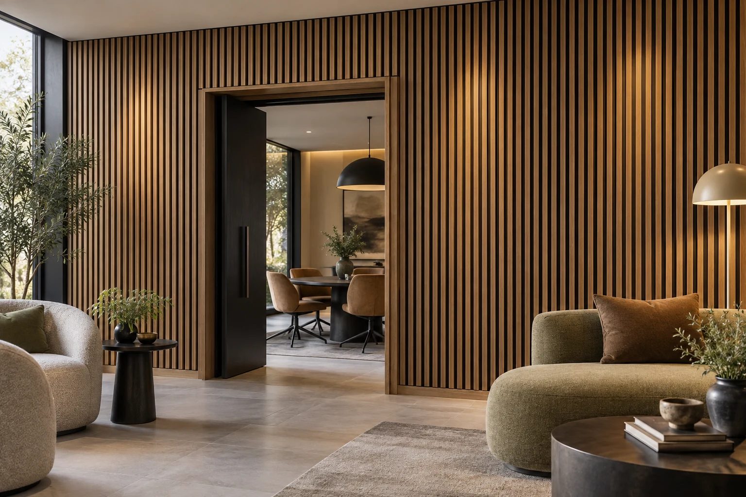 Timber slatted acoustic feature wall in a lounge