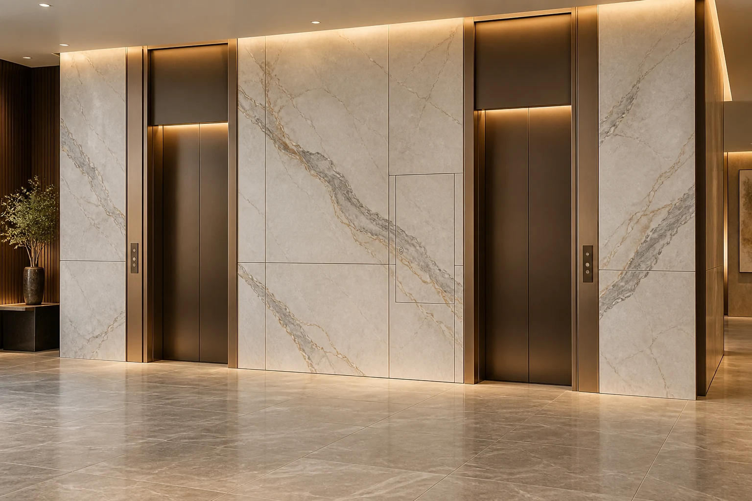 Large-format pale stone wall panels in a refined lift lobby
