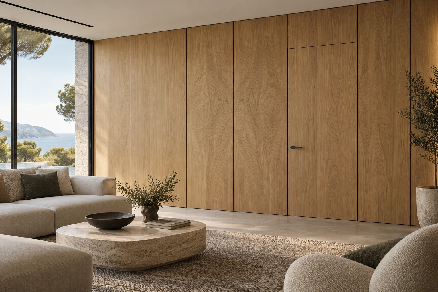 Oak veneer wall panels with a concealed flush door
