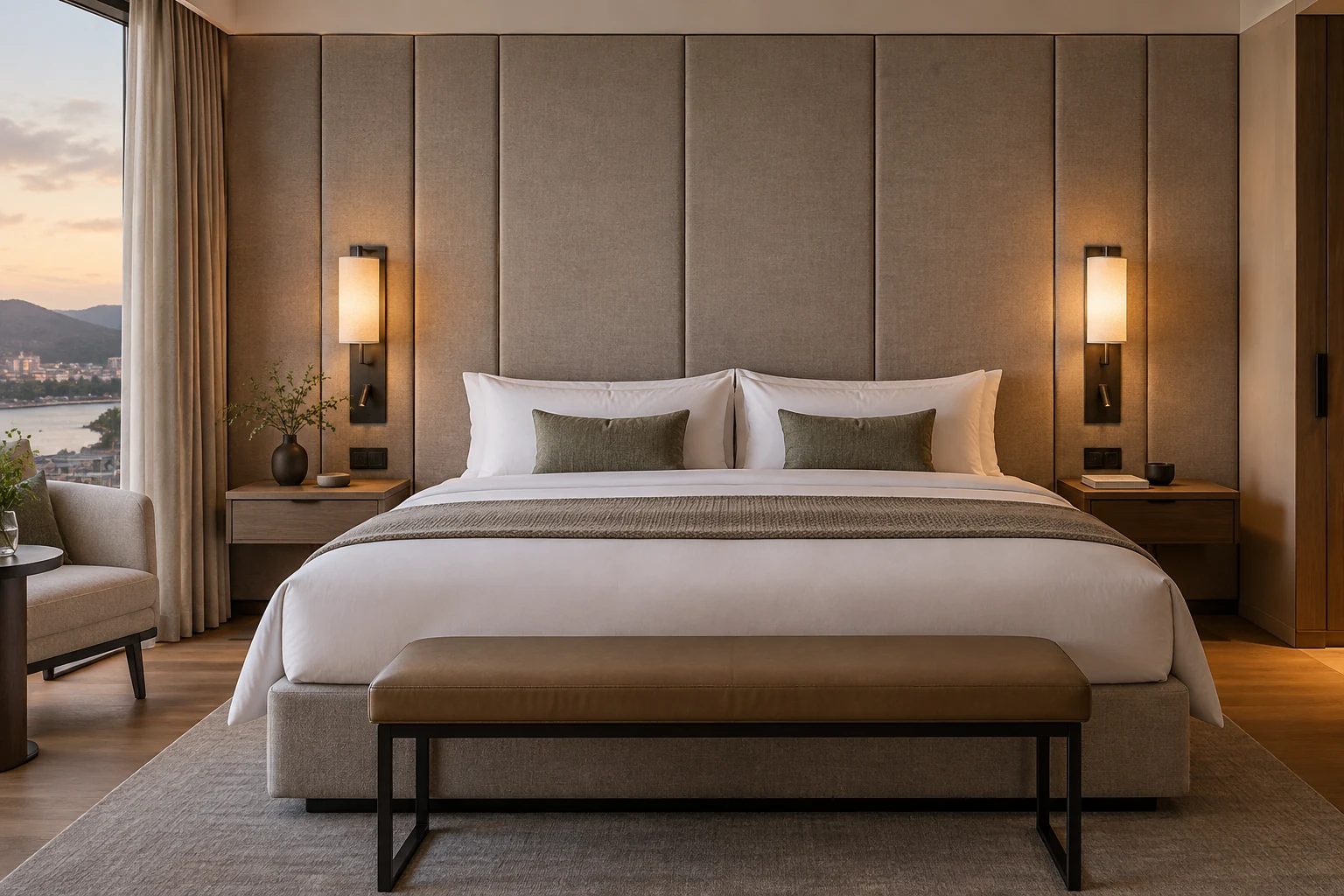 Full-height upholstered wall panels behind a boutique hotel bed
