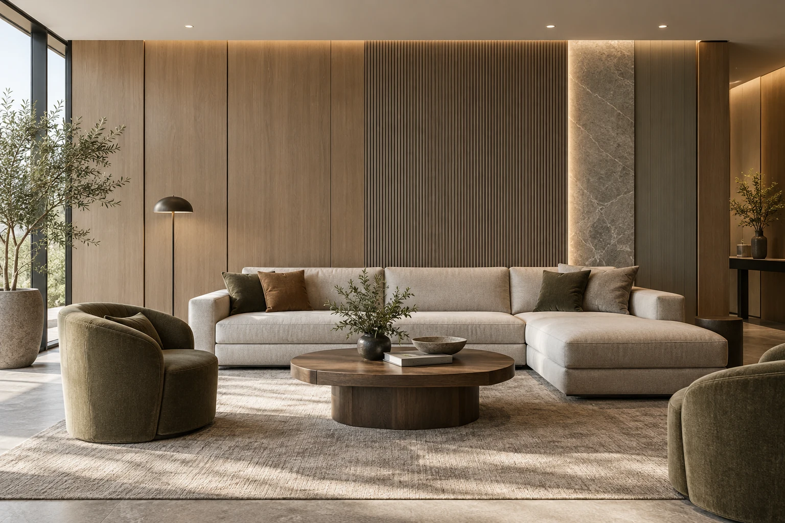 Contemporary lounge combining timber veneer, fluted and stone feature wall panels