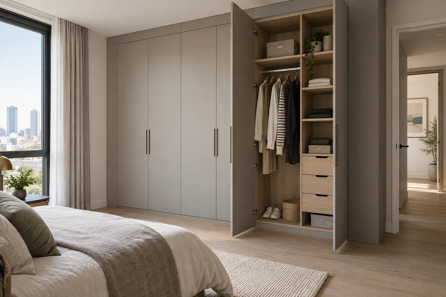Repeatable full-height modular wardrobe in a contemporary apartment bedroom