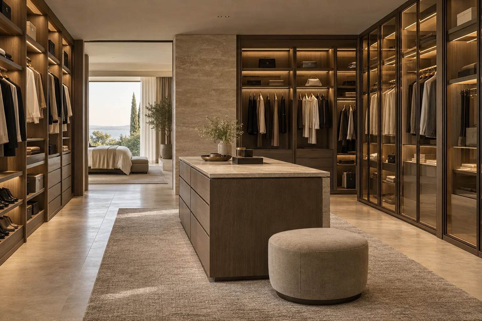 Bespoke villa walk-in closet with illuminated open and glass-front storage