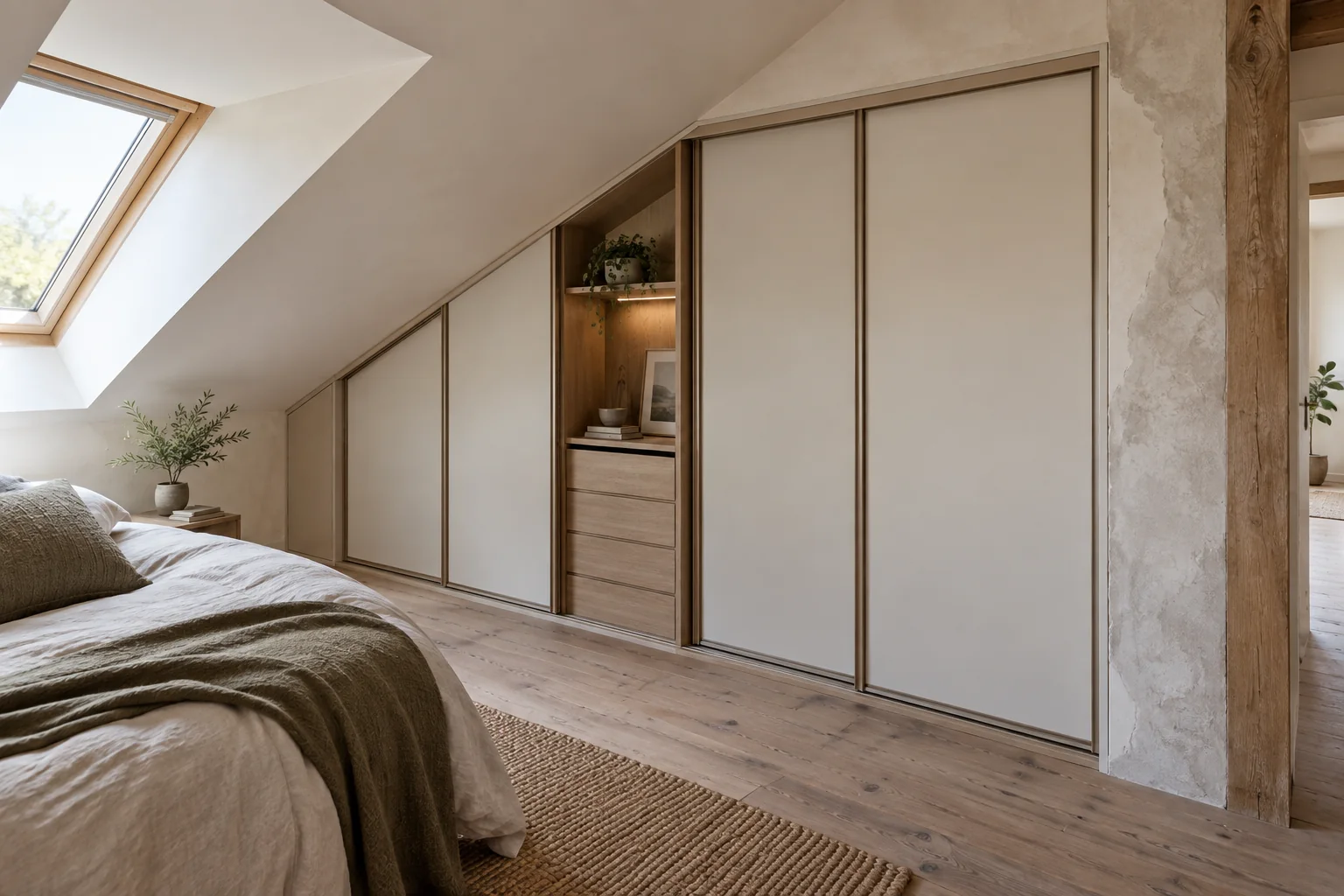 Custom sliding wardrobe scribed beneath a sloped attic ceiling