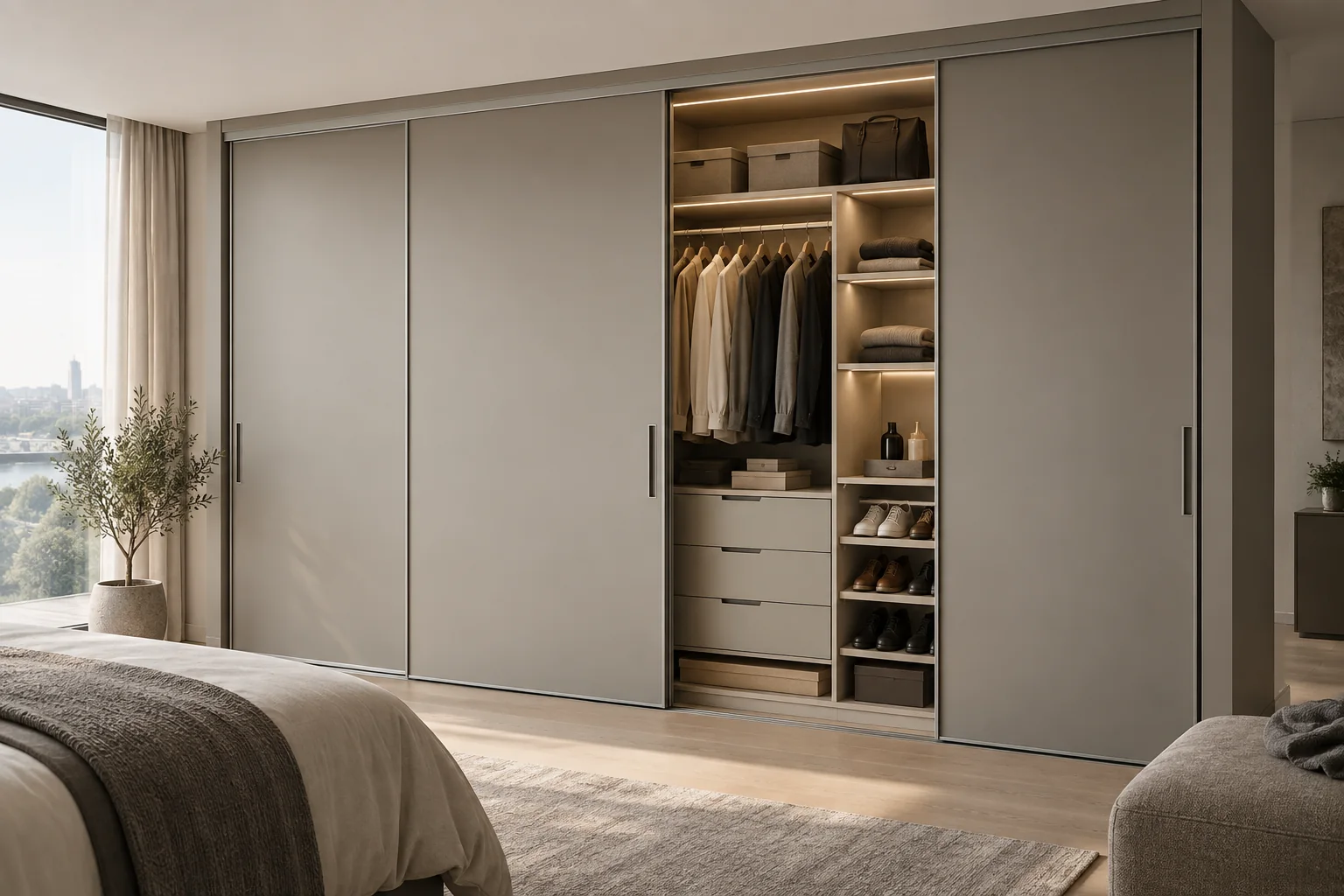 Floor-to-ceiling sliding wardrobe with one panel open to show organized storage