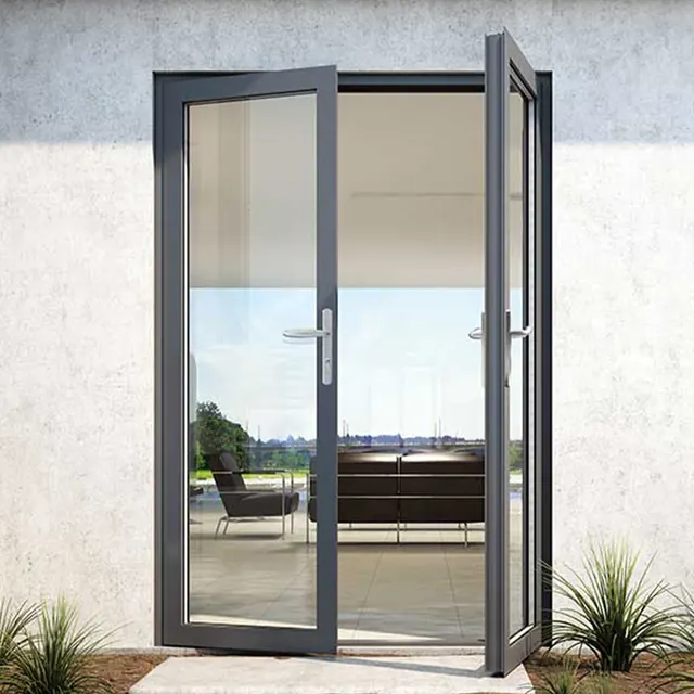 Dark framed aluminum hinged access doors opening from an exterior terrace