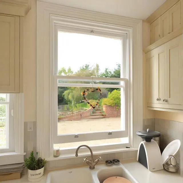 White double-hung window above a residential kitchen worktop