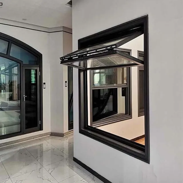 Black aluminum folding window opened upward at a residential pass-through