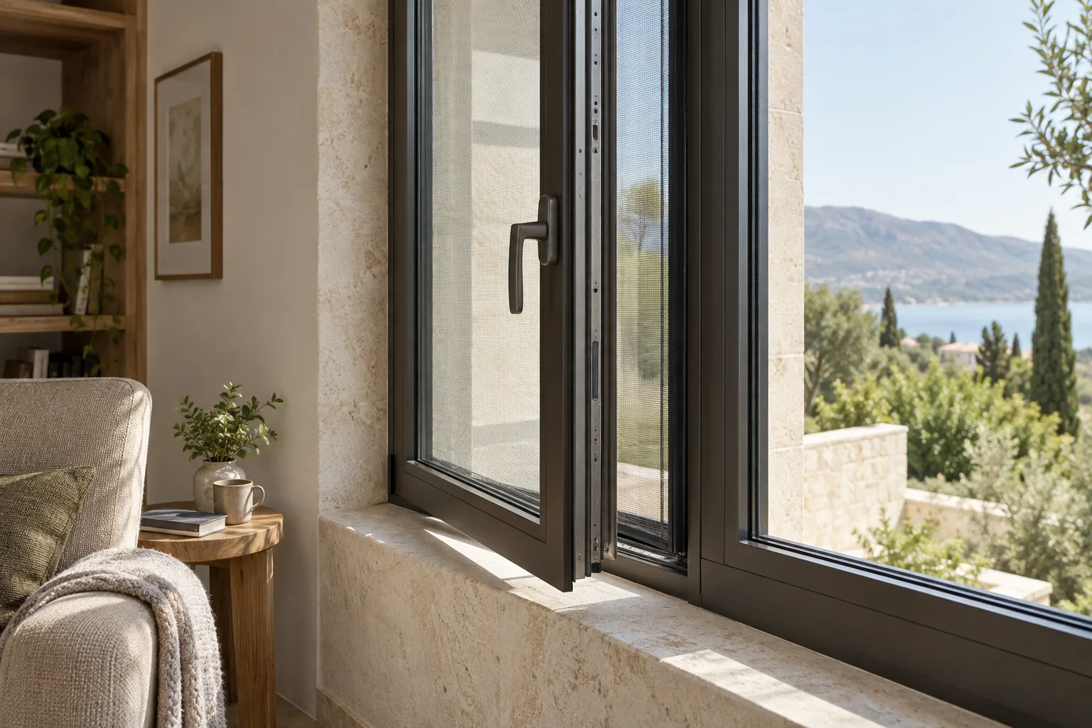 Concept visualization of an operable aluminum window with insect screen and fixed side light