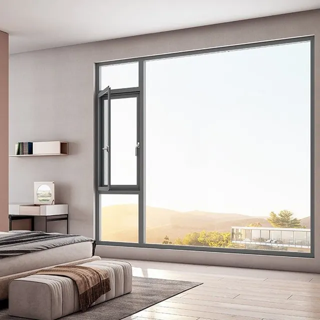 Dark aluminum casement window combined with fixed glazing in a contemporary bedroom
