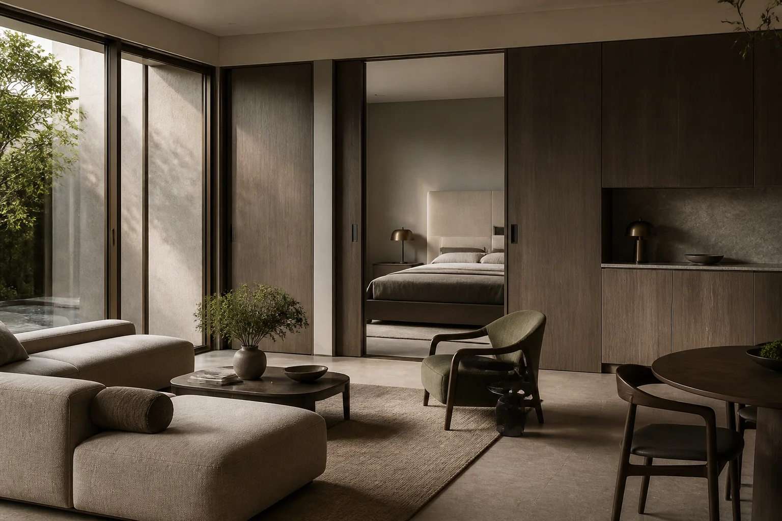 Coordinated project furniture, wall panels and joinery in a refined residential suite