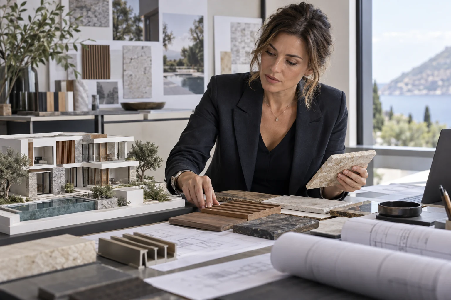 Illustrative architect coordinating a villa model with stone, wood and facade samples