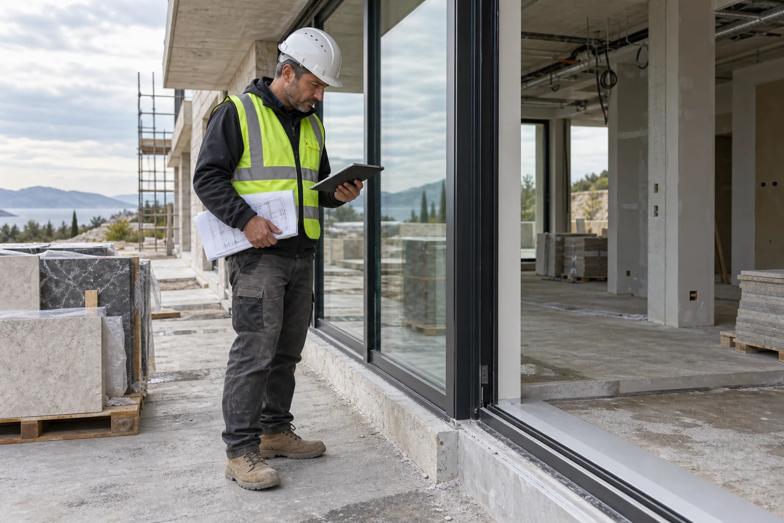 Illustrative contractor reviewing a glazing and floor interface on a modern villa construction site