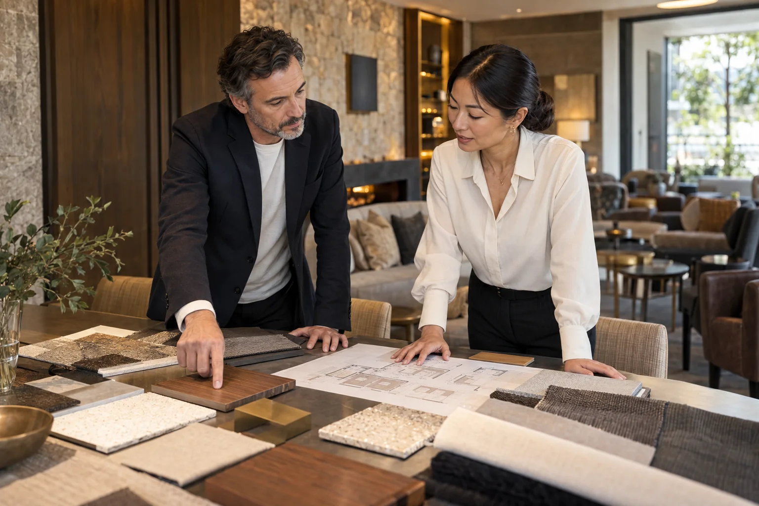 Illustrative hospitality owner and procurement manager reviewing a guest-room plan and finish samples