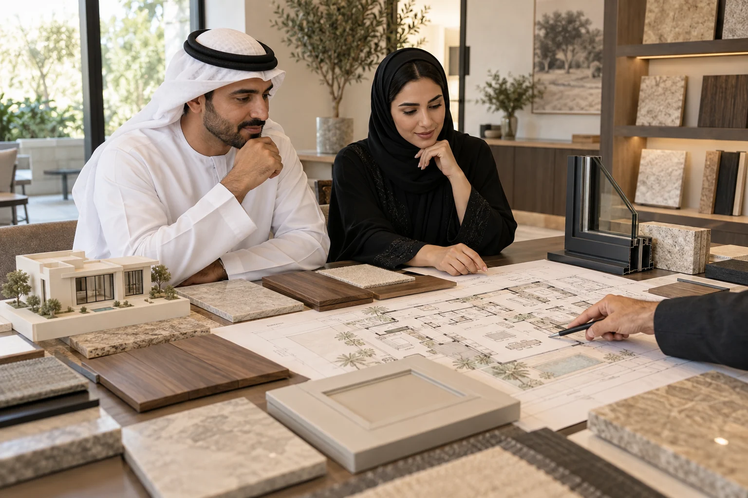 Illustrative private homeowners reviewing a villa plan, window profile and whole-house material samples