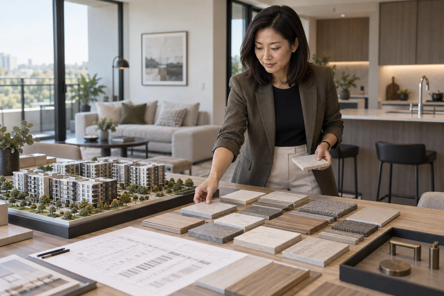 Illustrative property developer comparing standardized apartment finishes with a multi-building model