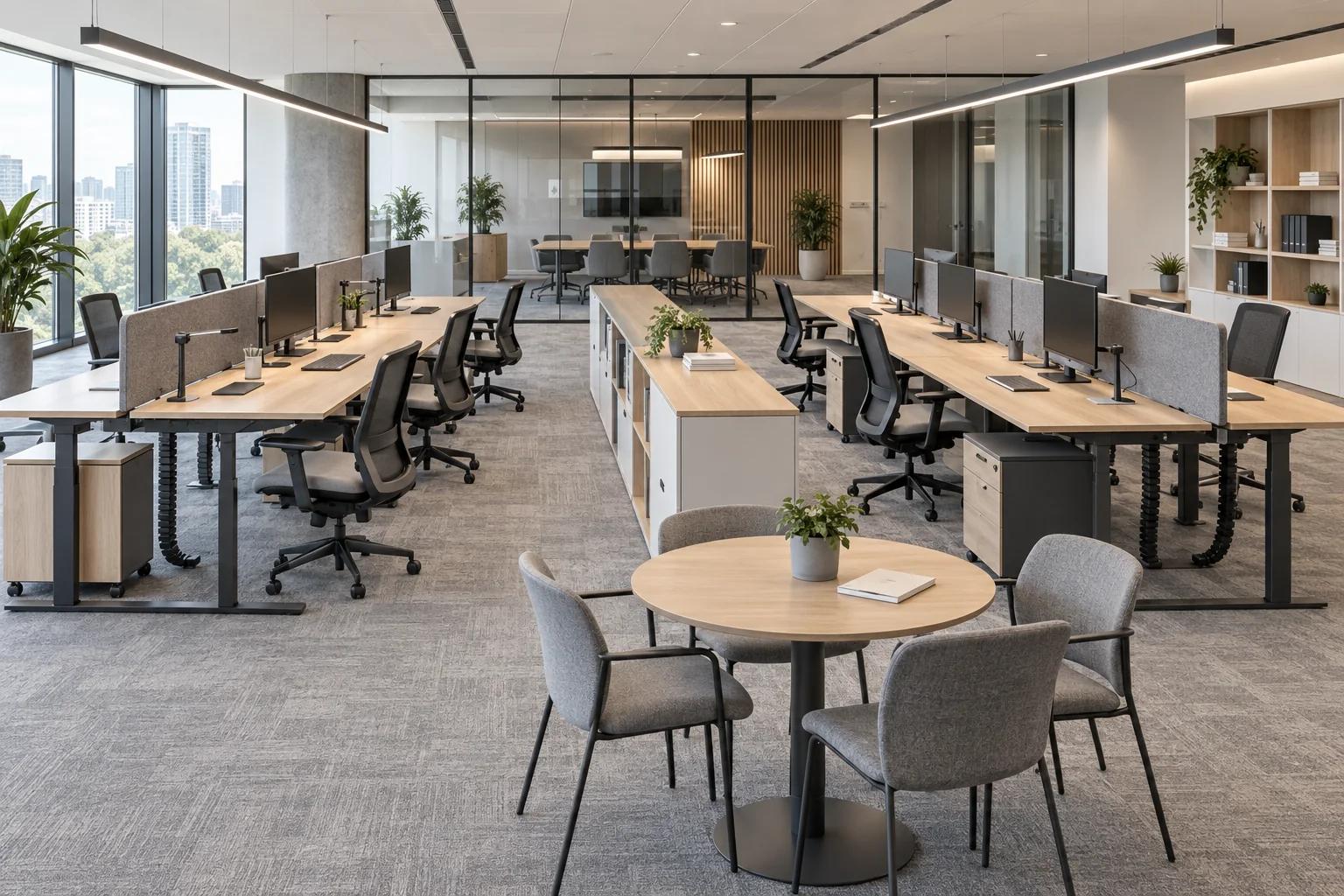 Modular office workstations with ergonomic task chairs, cable management and shared storage