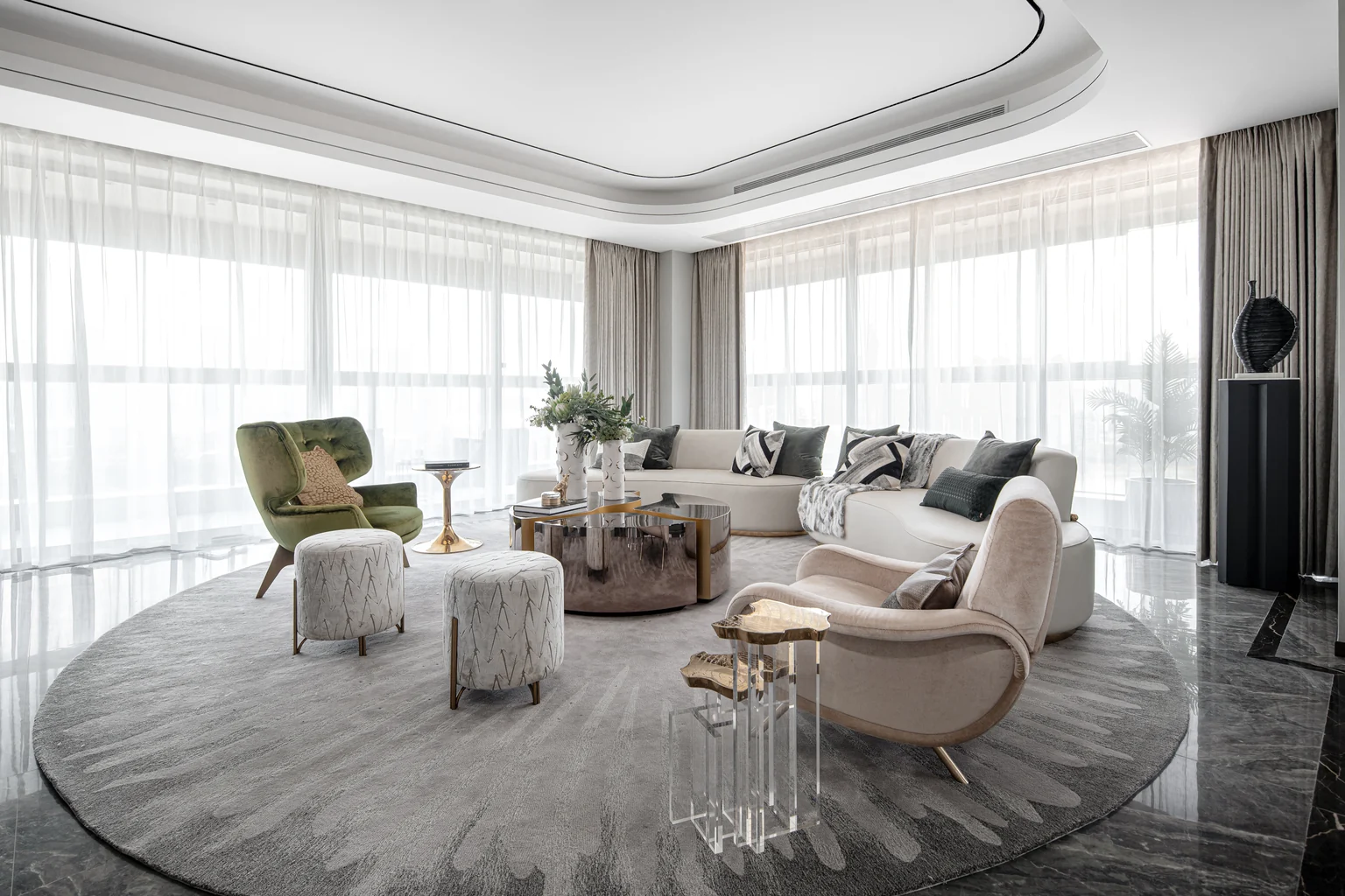 Completed United States private residence living room with coordinated furniture and stone flooring
