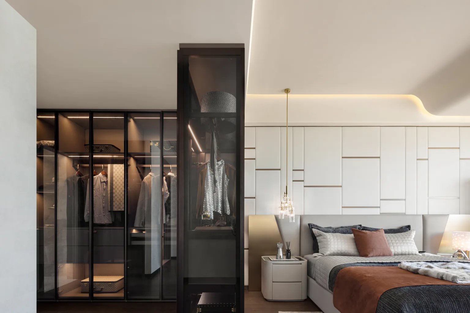 Luxury villa living room with coordinated feature wall finishes
