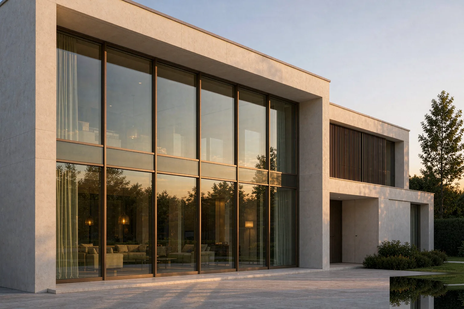 Modern villa facade with floor-to-ceiling aluminum framed glazing at sunset